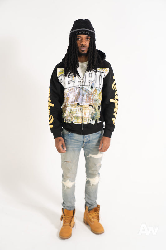 Black “Distressed Dinero” Zip ups